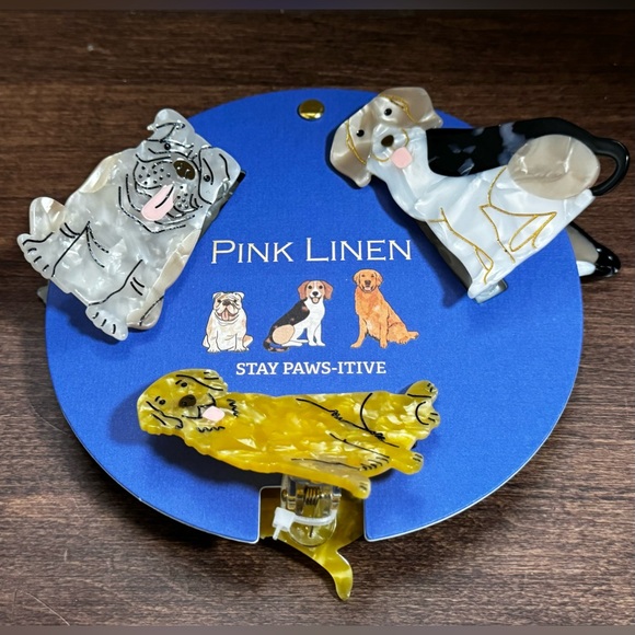 Beagle Golden Retriever Labrador Bull Dog Hair Clips Claws Pink Linen NWT - Picture 2 of 5